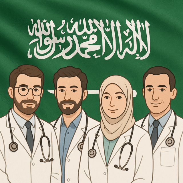 صورة تعبيرية لأطباء نفسيين مع علم السعودية – أفضل دكتور نفسي في السعودية